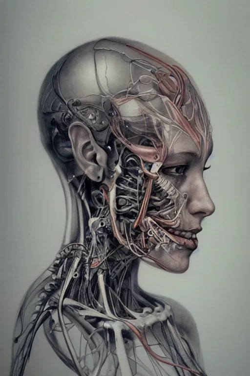 Image similar to beautiful portrait of biomechanical being by marco mazzoni, detailed, realistic skin color