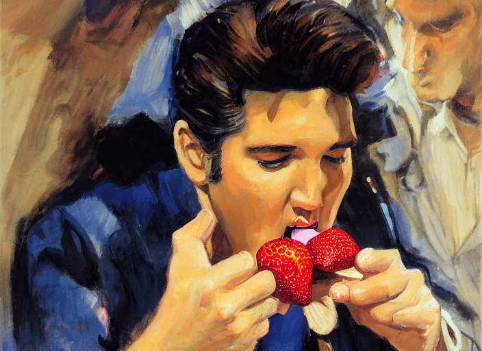 Image similar to a highly detailed beautiful portrait of elvis presley eating strawberry, by gregory manchess, james gurney, james jean