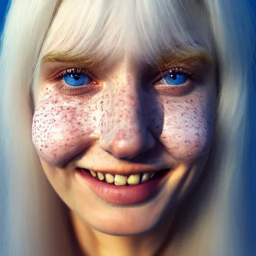 Image similar to beautiful hyperreal portrait of a cute woman smiling softly, long white hair and bangs, a few cute freckles on cheeks and nose, blue eyes, very detailed face, by irakli nadar and juan francisco casas, golden hour, soft focus, 8 k, portra 4 0 0