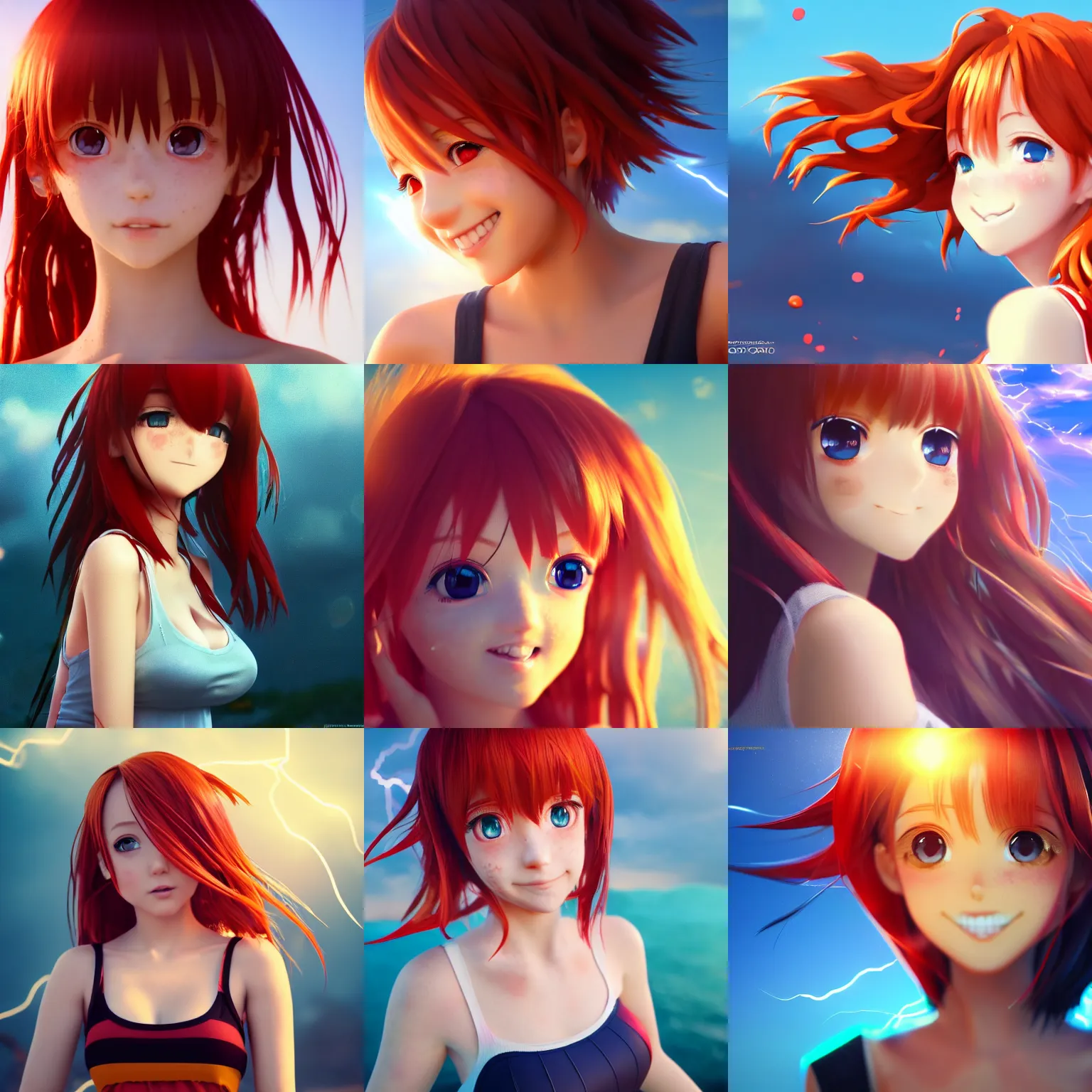 Prompt: Render of a very beautiful 3d anime girl, messy square vibrant red hair, blue watery eyes, cute freckles, full round face, playfull smile, cute black sundress, golden hour, medium shot, mid-shot, cinematic lightning, highly detailed, trending on Artstation, Unreal Engine 4k wallpaper