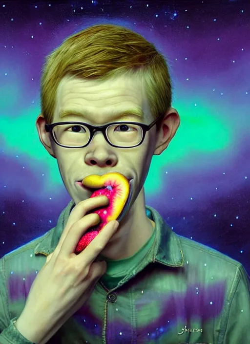 Prompt: hyper detailed 3d render like a Oil painting - kawaii portrait of Hank Green in Aurora (Singer) seen Eating of the Strangling network of yellowcake aerochrome and milky Fruit and Her delicate Hands hold of gossamer polyp blossoms bring iridescent fungal flowers whose spores black the foolish stars by Jacek Yerka, Mariusz Lewandowski, Houdini algorithmic generative render, Abstract brush strokes, Masterpiece, Edward Hopper and James Gilleard, Zdzislaw Beksinski, Mark Ryden, Wolfgang Lettl, hints of Yayoi Kasuma, octane render, 8k