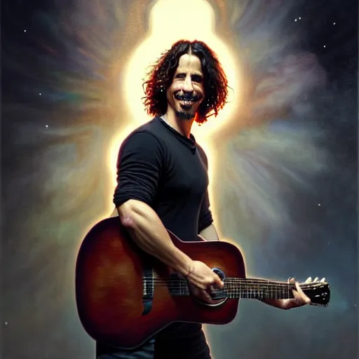 Prompt: portrait painting of chris cornell playing guitar in heaven, happy smile on his face, ultra realistic, concept art, intricate details, eerie, highly detailed, photorealistic, octane render, 8 k, unreal engine. art by artgerm and greg rutkowski and magali villeneuve and alphonse mucha