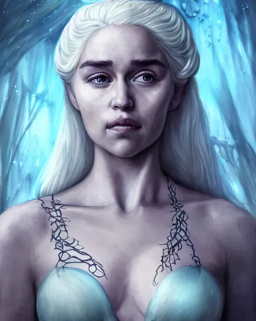 Prompt: Daenerys Targaryen as a mermeid with a piercing gaze with hair as bikini in an underwater magical forest, highly detailed face, realistic face, beautiful detailed eyes, fantasy art, in the style of artgerm, illustration, epic, fantasy, intricate, hyper detailed, artstation, concept art, smooth, sharp focus, ray tracing, vibrant, photorealistic