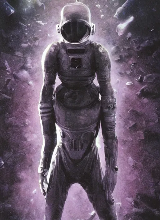 Image similar to astronauts in dark and empty void underwater - complex and hyperdetailed technical suit. reflection and dispersion materials. rays and dispersion of light. volumetric light. 5 0 mm, f / 3 2. noise film photo. flash photography. ultra realistic, wide angle. poster by wayne barlowe, hajime sorayama aaron horkey, craig mullins. polaroid.