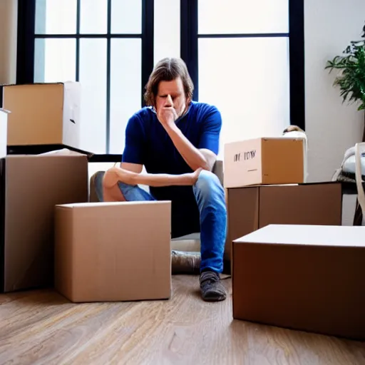 Image similar to moving day disaster. photo of man with long light brown hair throwing up all over himself