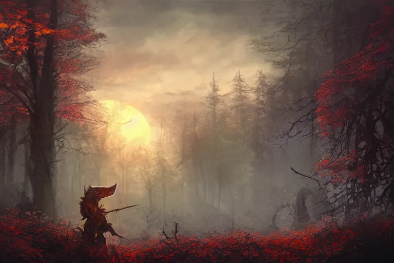 Prompt: sunset lighting ominous shadows, cinematic fantasy painting, dungeons and dragons, an ashigaru feudal armored anthropomorphic brian froud mouse looks over an autumn forest clearing of wildflowers glade jessica rossier and brian froud