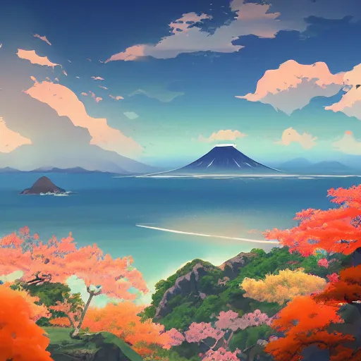 Prompt: A beautiful painting of japan coast with mountains ,Anime ,nature ,illustration, Nature wallpaper, Bright and airy, Aerial, Makoto shinkai ,Trending on artstation