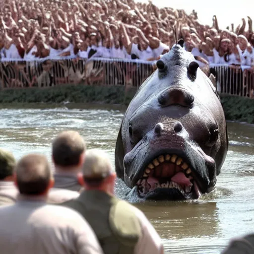 Image similar to pope francis rides a hippo against the army of mordor, ultra realistic