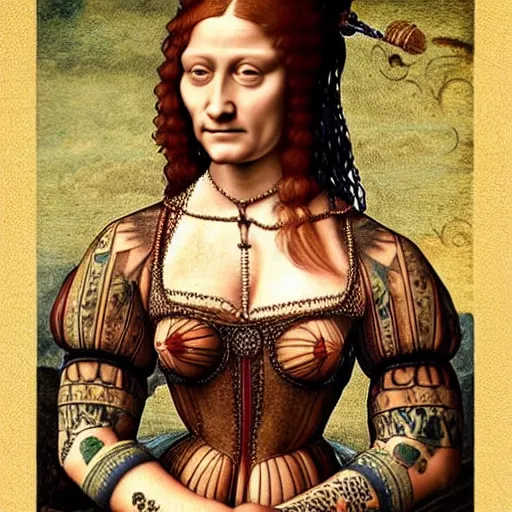 Image similar to ultra detailed, 4 k portrait of a tattooed woman wearing a baroque dress, fully dressed by leonardo da vinci