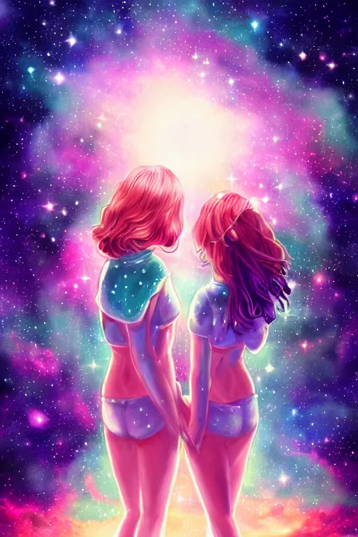 Prompt: zodiac gemini constellation of white two girls in the starry sky, masterpiece epic retrowave art, trending on art station