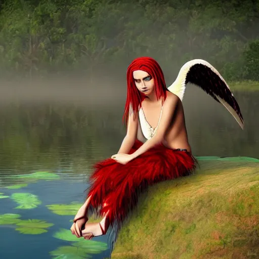 Prompt: Teenager Harpy-Girl, red feathered wings, wearing Inka clothes, sad expression, sitting at a pond, mountainous area, trees in the background, trending on artstation