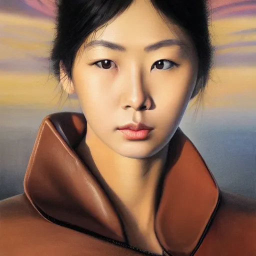 Prompt: perfect, realistic oil painting of close-up japanese young woman wearing leather jacket, in Dune Arrakis