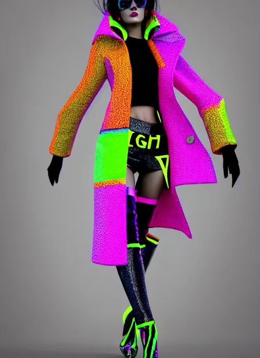 Image similar to stylish coat for a rave, bright colors, many details, prints, photo for a magazine, photo for a store, fashion photography, Vogue, 135 mm, cinematic, hyper realism, high detail, octane render, 8k, chrome accents, very coherent symmetrical artwork, perfect face model, full length photo, Upper and lower body, even skin tone,Soft shadows on the face