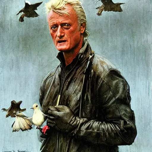 Prompt: rutger hauer as roy batty standing in the rain and holding a dove, painted by norman rockwell and tom lovell and frank schoonover