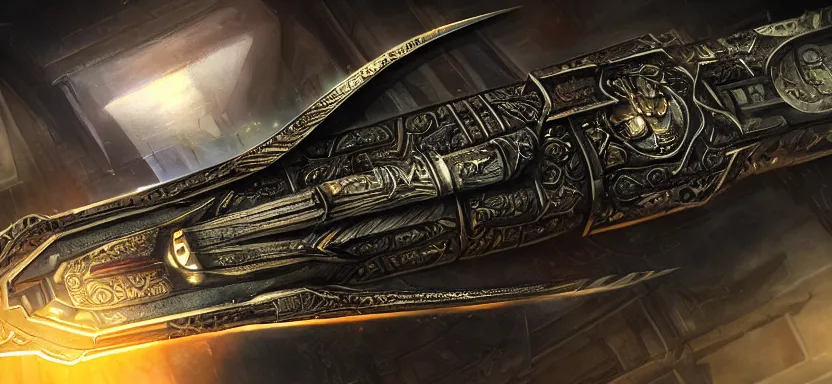 Image similar to legendary sword of cybernetic technology lying flat on a glowing table with a long sharp black and iridescent sword blade, digital award winning hd matte painting, intimate dark moody, intricate, ornate spikes, colorful hilt, detailed realistic, raytraced blade, colored gems, golden pommel, in the style of greg rutkowski and krenz cushart, deviantart