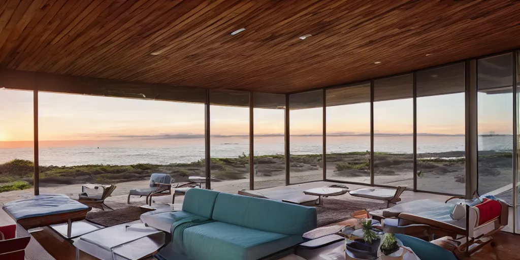 Prompt: a mid-century Eichler Home on a beach at sunset with view of the ocean, mid-century modern furniture, sunset magazine, dwell magazine style, highly detailed, photorealistic, octane 8k 35mm lens, award photography, architectural photography