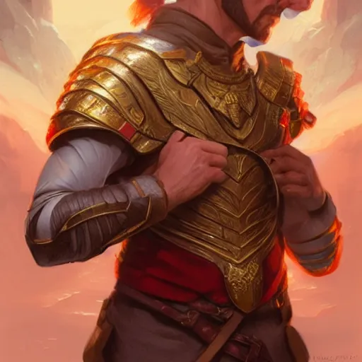 Prompt: male artificer, half-elf, D&D, fantasy, portrait, highly detailed, digital painting, artstation, concept art, sharp focus, illustration, art by artgerm and greg rutkowski and magali villeneuve, red white and gold color scheme