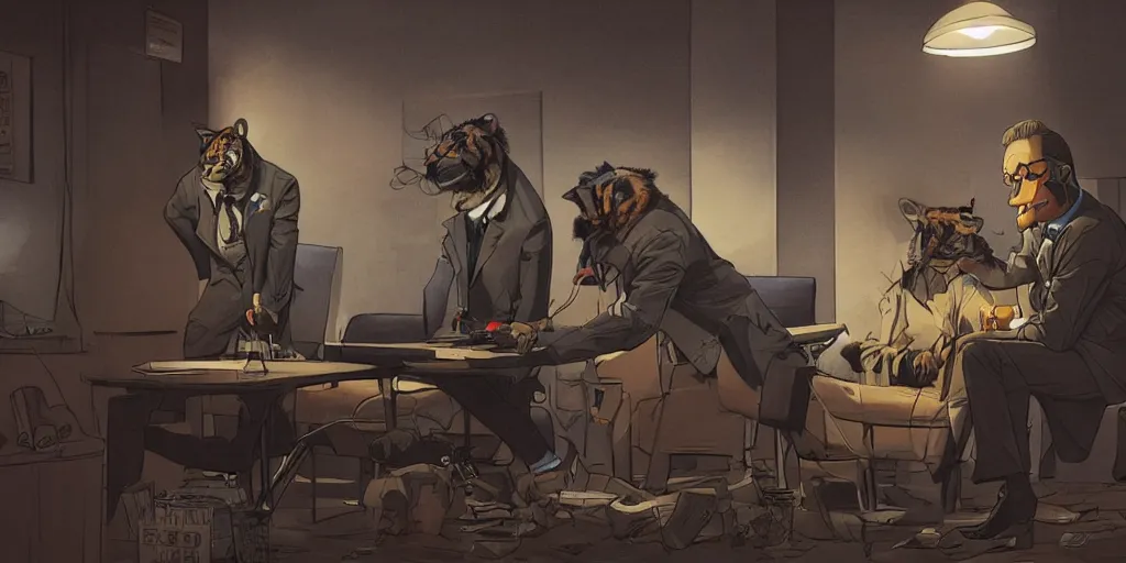 Image similar to a tiger in a suit is being interrogated by a detective dog at the police station, zenith view, warm color palette, night time, dramatic lighting, noir film, fine details, high contrast, blacksad, kim jung gi, greg rutkowski, trending on artstation, 8 k, ultra wide angle