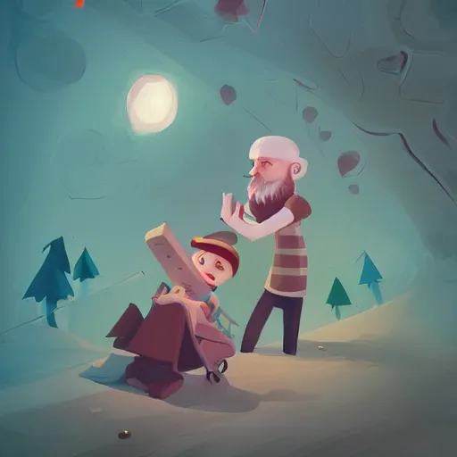 Image similar to cute cartoon character, curled perspective, digital art, beard grandpa taking a photo to a baby girl, anton fadeev