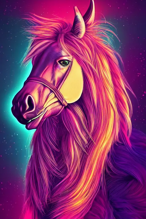 Image similar to digital horse, retrowave palette, highly detailed, anatomically correct equine, synth feel, smooth face, ear floof, flowing mane, no reins, super realism, accurate animal imagery, 4 k digital art