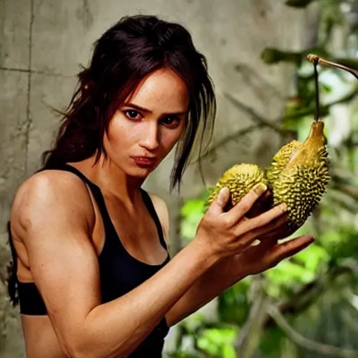 Image similar to Lara croft eating durian