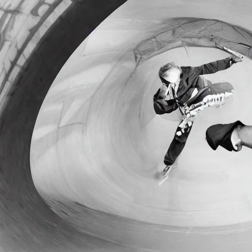 Image similar to award winning close up, black and white only, photo of, Tony Hawk, skateboarding, doing a 900, in the 1986 vert contest, by J. Grant Brittain, Atiba Jefferson, C. R. Stecyk III, fisheye lens, detailed faces, detailed skateboard, 8k, sharp image, balanced composition