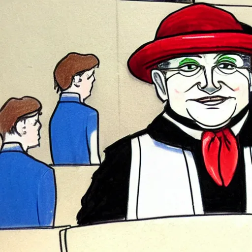 Prompt: court room drawing of the hamburglar testifying in court