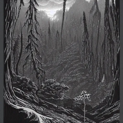 Image similar to ancient woodcut fern that depicts the forest, surrounded by mountains and clouds and thickets, at night. style of greg rutkowski and darek bonestell. trending on artstation. by raphael okamoto and thomas jones