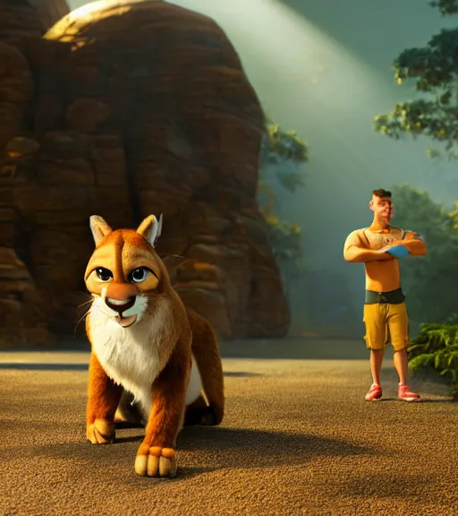 Image similar to a film still from the movie zootopia main character portrait anthro anthropomorphic mountain lion head animal person fursona wearing gym shorts at the gym pixar disney dreamworks animation sharp rendered in unreal engine 5 octane key art by greg rutkowski bloom dramatic lighting modeling expert masterpiece render