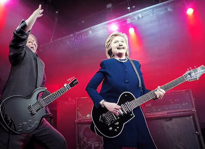 Image similar to publicity photo still of hillary clinton in a death metal band playing live on stage, 8 k, live concert lighting, mid shot