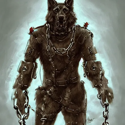 Image similar to a wounded humanoid german shepherd beast - man in military style, his hands are covered with chains, sitting on the bed, highly detailed portrait, digital painting, artstation, concept art, smooth, sharp foccus ilustration, artstation