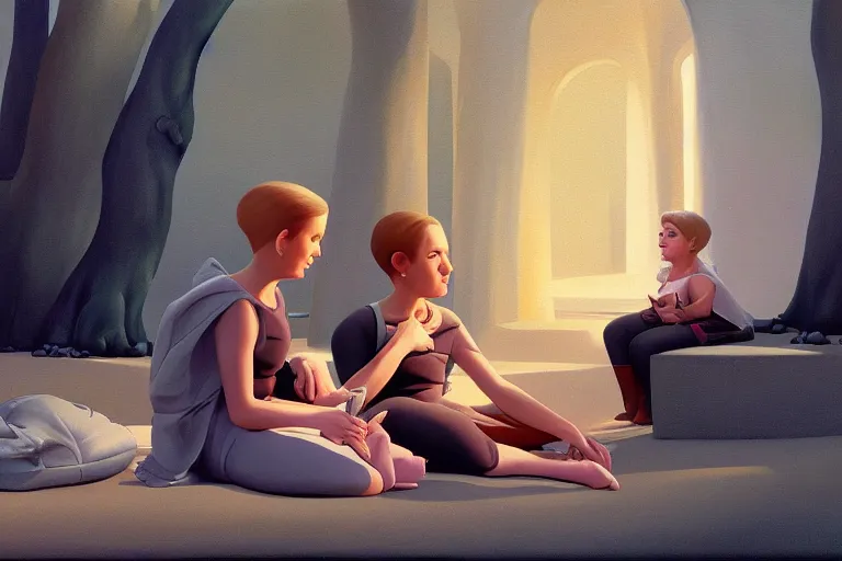 Prompt: beautiful painting of friends, beautiful faces, sitting on the edge, cute, soft light, digital painting by ralph mcquarrie