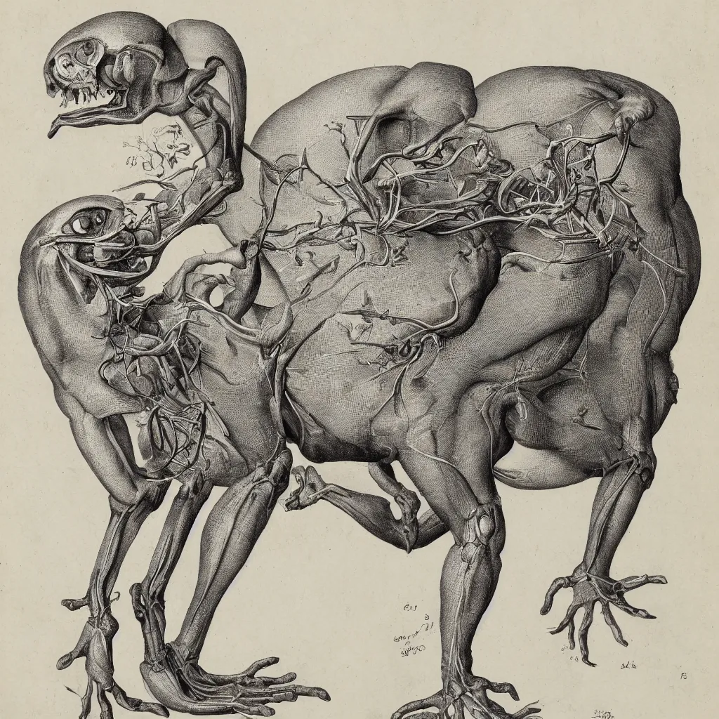 Image similar to anatomical engraving of an unknown specie, anatomical study of animal hybrids from another universe