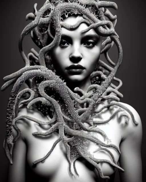 Image similar to surreal mythical dreamy dark artistic black and white fine art photo of a beautiful young female medusa - cyborg covered with lace fish scales and translucent algae, highly detailed, intricate crystal ivy jelly fish scales ornate, lace web, poetic, octane render, 8 k, photo - realistic