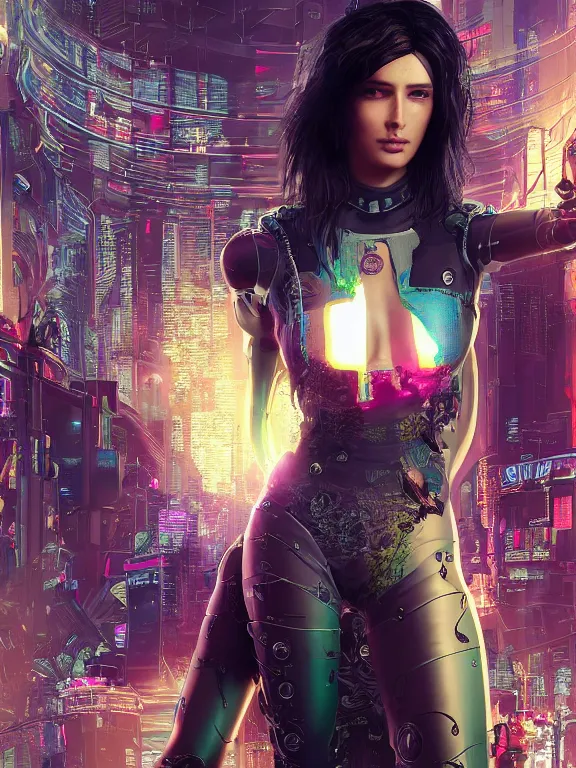 Image similar to a cyberpunk 2077 illustration portrait of A veiled female android queen kneel and pray with lots of complex mess of cables and wires behind them connected to giant computer,bowknot, fine lace, GUCCI, glittering, jewel embellishment, film lighting, by Artgerm,Lawrence Alma-Tadema,William Morris,Dan Mumford, trending on atrstation, full of color, mythological, high detailed,golden ratio,cinematic lighting