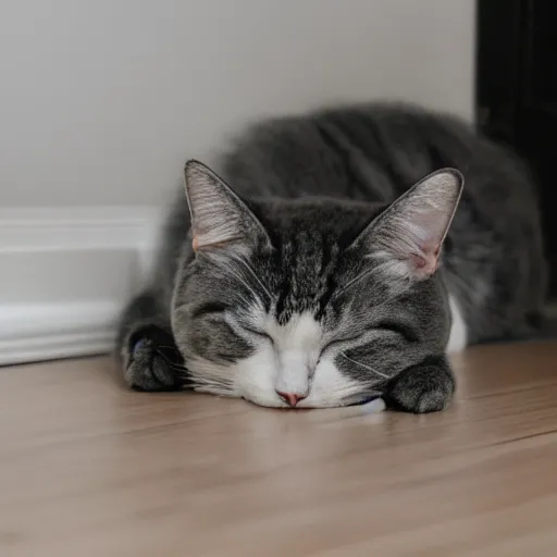 Prompt: gray and white cat sleeping on the hardwood floor, sleeping on his side, fluffy, dimly lit room