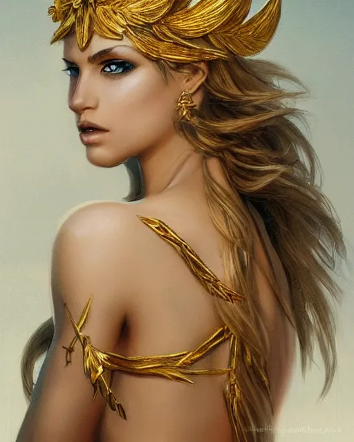 Image similar to tattoo sketch of hot blonde super model as aphrodite greek goddess wearing a gold laurel wreath and triangle earrings, beautiful piercing gaze with sharp pupils, in the style of greg rutkowski, fantasy, amazing detail, epic, elegant, smooth, sharp focus, front view