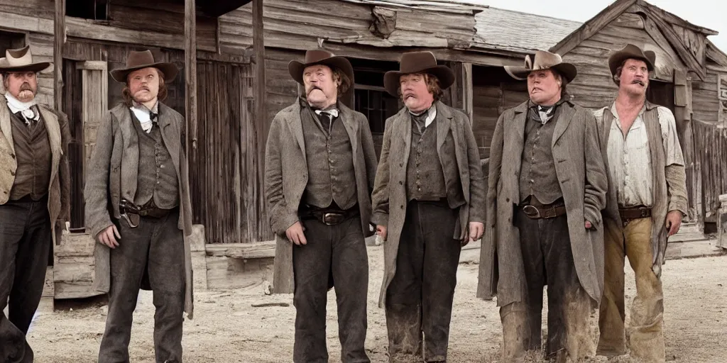 Prompt: Phillip Seymour Hoffman, in an old west town, flanked by two bandits