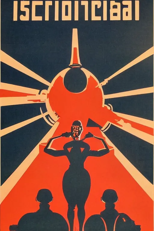 Prompt: ussr propaganda poster of 1 9 5 0 s nuclear war, futuristic design, dark, symmetrical, washed out color, centered, art deco, 1 9 5 0's futuristic, glowing highlights, intense