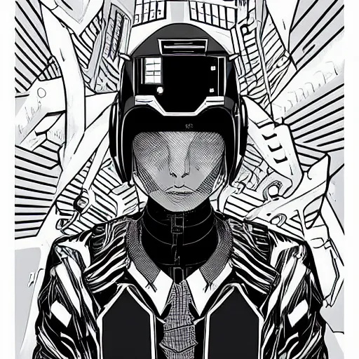 Prompt: “in the style of josan Gonzalez and jinx88 a young and suave cyberpunk teenager wearing a futuristic helmet, eyes still visible, highly detailed, black and white y2k”
