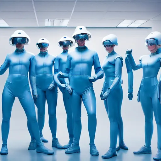 Image similar to troop of identical athletic humans with white hair wearing tight light blue latex suits, in formation, futuristic chemistry lab, sci - fi, highly detailed, hyperrealistic