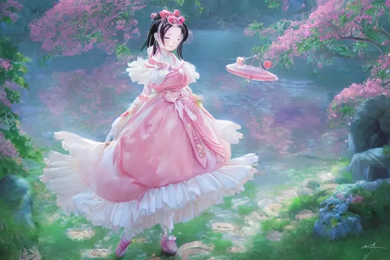 Prompt: portrait of magical lolita girl in a Japanese garden, dreamy and ethereal, expressive pose, big pink eyes, peaceful expression, ornate frilly dress, fantasy, intricate, elegant, many rainbow bubbles, rose tones, dynamic lighting, highly detailed, 8k, digital painting, artstation, concept art, smooth, sharp focus, illustration, art by artgerm and greg rutkowski and alphonse mucha