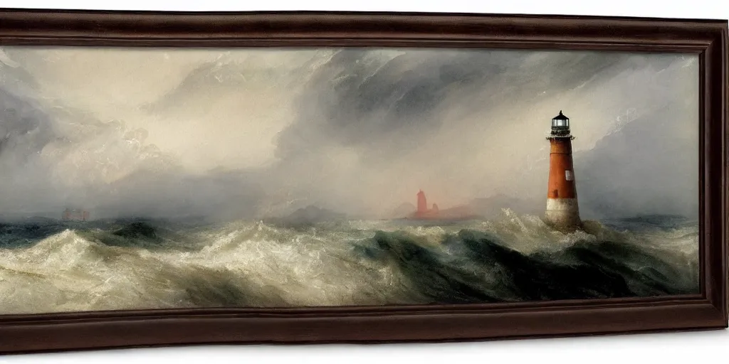 Image similar to a watercolor painting of a single lighthouse in a small rocky island during a violent storm by william turner, high quality, highly detailed, digital painting, masterpiece, turbulent sea, dramatic lighting, cinematic, centered, watercolor, william turner style, 4 k