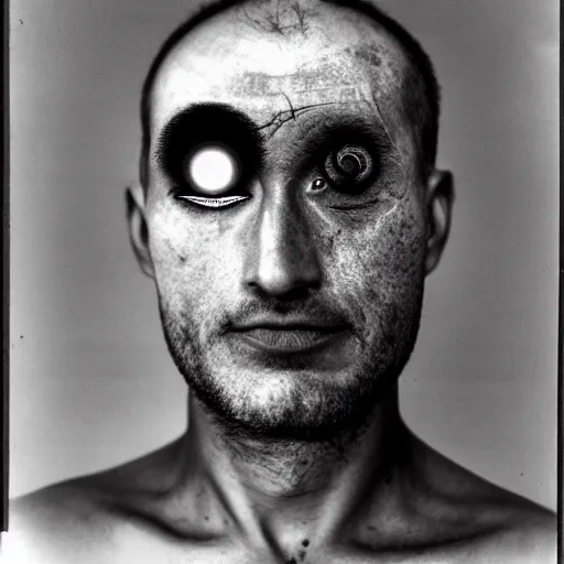 Image similar to photo of a man with three eyes with a third eyeball on forehead