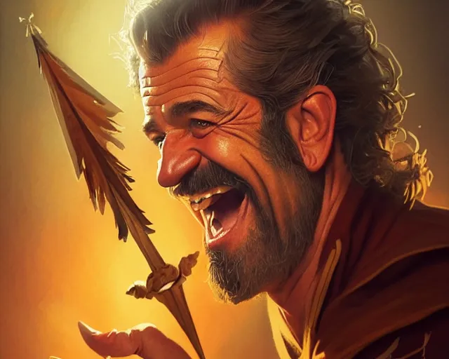 Image similar to mel gibson laughing out loudy, photography of kurzgesagt, deep focus, d & d, fantasy, intricate, elegant, highly detailed, digital painting, artstation, concept art, matte, sharp focus, illustration, hearthstone, art by artgerm and greg rutkowski and alphonse mucha