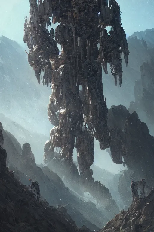 Image similar to a detailed portrait of a giant mechanical humanoid in the mountains by Greg Rutkowski, Sung Choi, Mitchell Mohrhauser, Maciej Kuciara, Johnson Ting, Maxim Verehin, Peter Konig, final fantasy, Marco lense , 8k photorealistic, cinematic lighting, HD, high details, atmospheric , trending on artstation