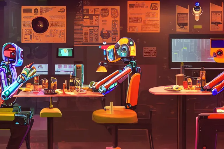 Image similar to two robot ordering food in a restaurant, cyberpunk city, 4k, detailed, digital art