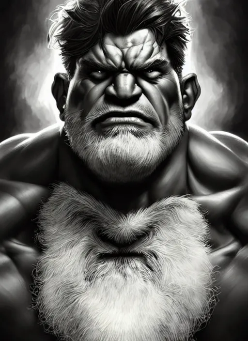 Image similar to Portrait of The Hulk, white beard! D&D, muscular, fantasy, intricate, elegant, highly detailed, digital painting, artstation, concept art, smooth, sharp focus, illustration, art by artgerm and greg rutkowski and alphonse mucha