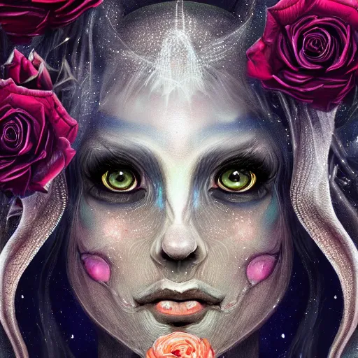 Image similar to Very very very very highly detailed mystic, enigmatic, strange portrait with galaxy, roses, shark's teeth, intricate, extremely detailed, digital painting, artstation, concept art, smooth, sharp focus, illustration, intimidating lighting, incredible art,