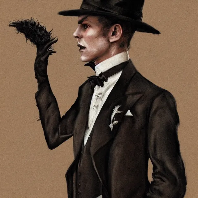 Image similar to photorealistic sepia portrait of a 1 9 2 0 s era male magician, well dressed, long - tailed tuxedo coat, in the style of dave dorman, atmospheric lighting, dark, brooding, painted, intricate, ultra detailed, well composed, best on artstation, cgsociety, epic, stunning, gorgeous, intricate detail, much wow, masterpiece